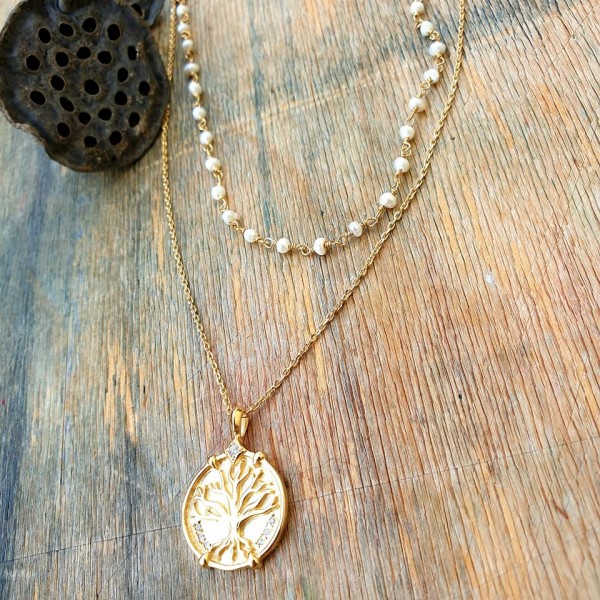 Hanka IN ilgas kaklo papuošalas su perlais ir cirkonio medalionu 